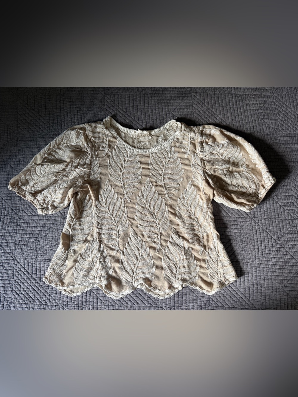 Solitaire Cream Leaf-Embossed Scoop Neck Blouse